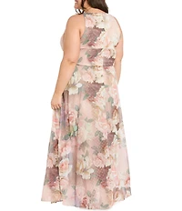 R & M Richards Plus Size Halter Neck Floral Print Chiffon Long Dress