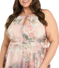 R & M Richards Plus Size Halter Neck Floral Print Chiffon Long Dress