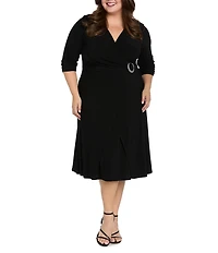 R & M Richards Plus Size Hersey Knit Mock Wrap Midi Dress