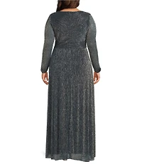 R & M Richards Plus Size Iridescent Mesh V-Neck Long Cut Out Sleeve Crinkle Pleated Dress