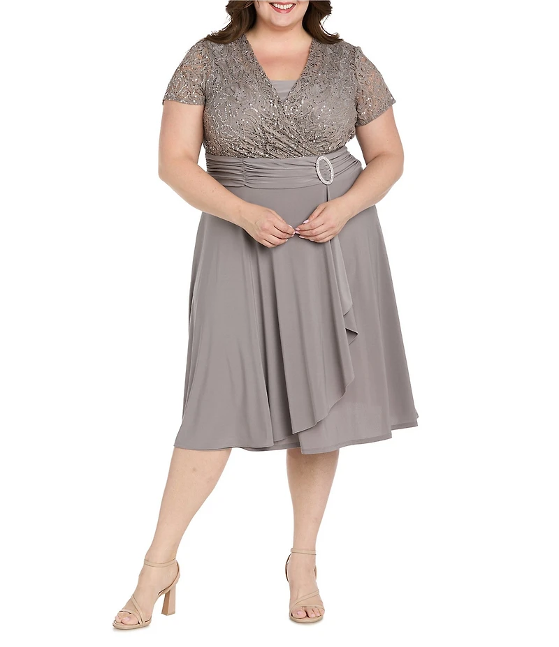 R & M Richards Plus Size Jacquard Cascade Wrap Dress