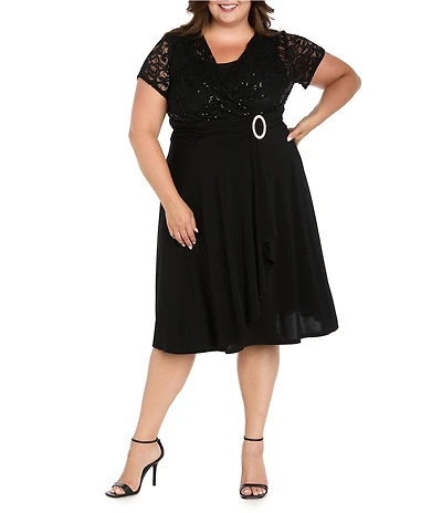 R & M Richards Plus Size Jacquard Cascade Wrap Dress