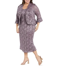 R & M Richards Plus Size Lace Sequin Power Mesh Scallop Trim 3/4 Sleeve Jacket Midi Dress