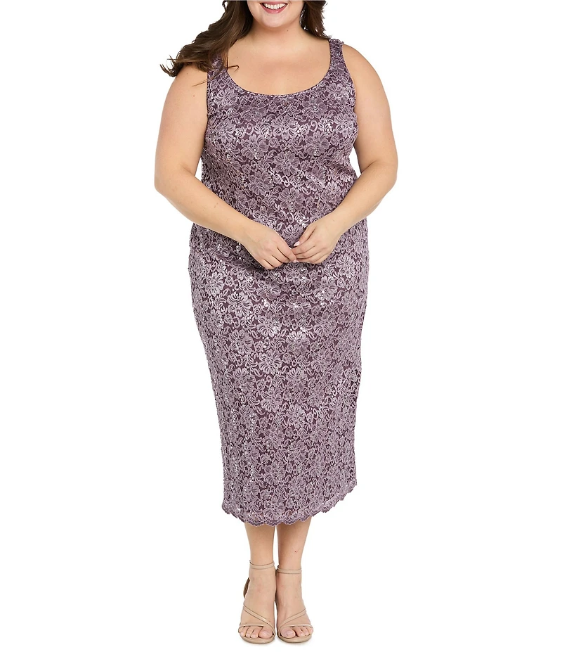 R & M Richards Plus Size Lace Sequin Power Mesh Scallop Trim 3/4 Sleeve Jacket Midi Dress