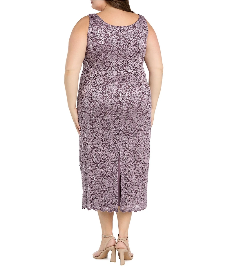R & M Richards Plus Size Lace Sequin Power Mesh Scallop Trim 3/4 Sleeve Jacket Midi Dress