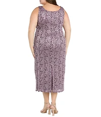 R & M Richards Plus Size Lace Sequin Power Mesh Scallop Trim 3/4 Sleeve Jacket Midi Dress