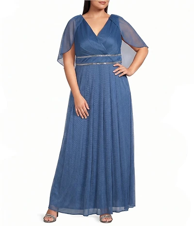 R & M Richards Plus Size Matte Jersey Chiffon V-Neck Caplet Overlay Rhinestone Gown