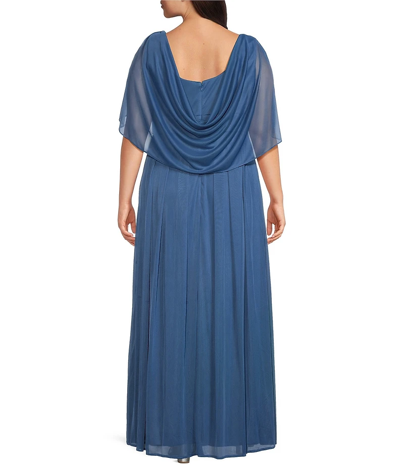 R & M Richards Plus Size Matte Jersey Chiffon V-Neck Caplet Overlay Rhinestone Gown