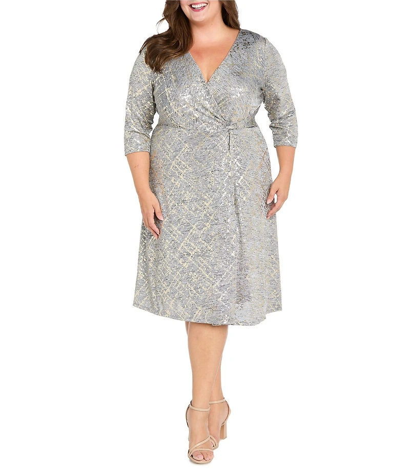 R & M Richards Plus Size Melange Stretch Knit Gold Foil 3/4 Sleeve Faux Wrap Dress