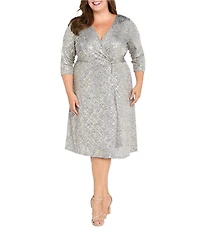R & M Richards Plus Size Melange Stretch Knit Gold Foil 3/4 Sleeve Faux Wrap Dress
