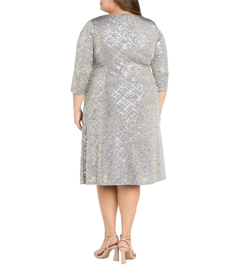R & M Richards Plus Size Melange Stretch Knit Gold Foil 3/4 Sleeve Faux Wrap Dress