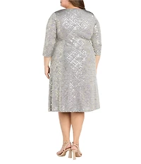 R & M Richards Plus Size Melange Stretch Knit Gold Foil 3/4 Sleeve Faux Wrap Dress