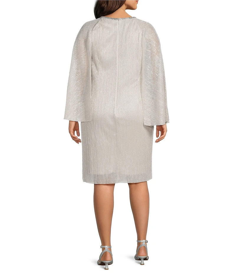 R & M Richards Plus Size Metallic Festival Crinkle Round Rhinestone Neckline Capelet Sleeve Sheath Dress