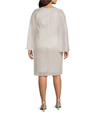 R & M Richards Plus Size Metallic Festival Crinkle Round Rhinestone Neckline Capelet Sleeve Sheath Dress