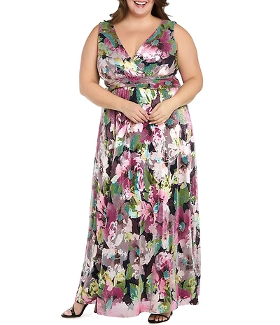 R & M Richards Plus Size Metallic Foil Print Moonlight Sheer Knit Sleeveless Long Dress
