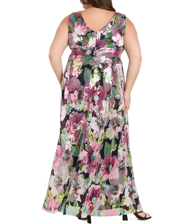 R & M Richards Plus Size Metallic Foil Print Moonlight Sheer Knit Sleeveless Long Dress