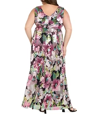 R & M Richards Plus Size Metallic Foil Print Moonlight Sheer Knit Sleeveless Long Dress