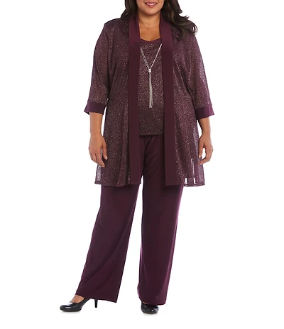 R & M Richards Plus Size Metallic Knit 3/4 Sleeve Open Front 3 Piece Jacket Pant Set
