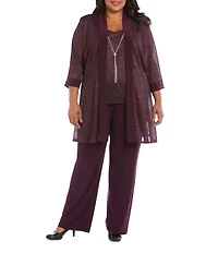 R & M Richards Plus Size Metallic Knit 3/4 Sleeve Open Front 3 Piece Jacket Pant Set