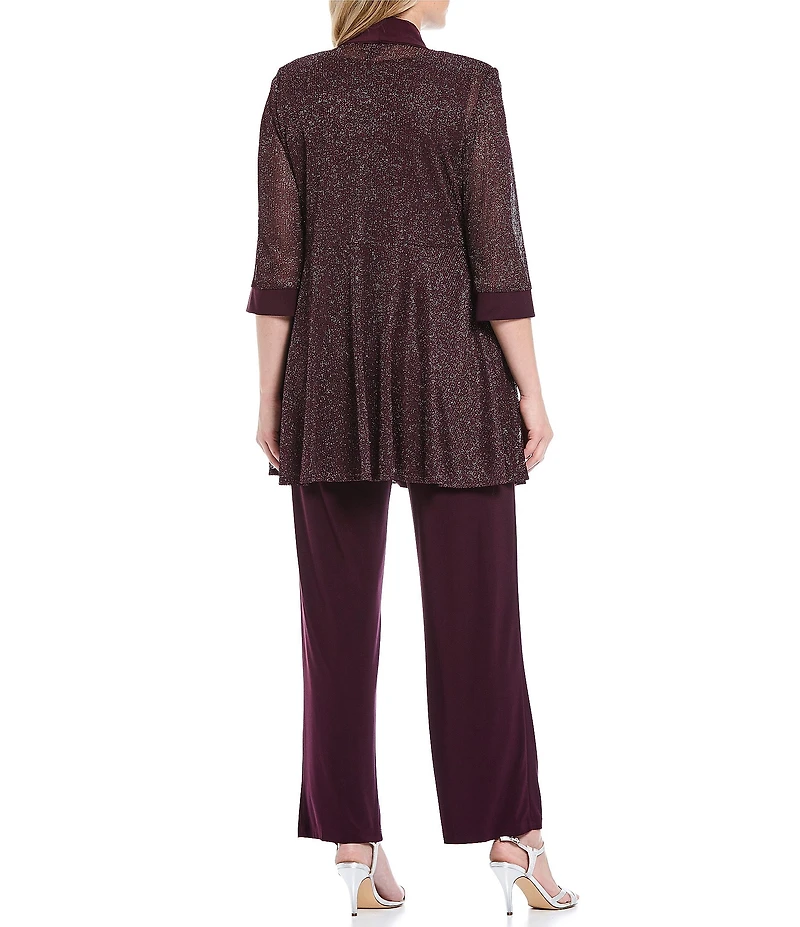 R & M Richards Plus Size Metallic Knit 3/4 Sleeve Open Front 3 Piece Jacket Pant Set