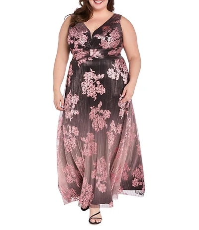 R & M Richards Plus Size Metallic Sheer Knit V-Neck Floral Print Sleeveless Ombre Crinkle Dress