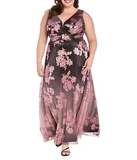R & M Richards Plus Size Metallic Sheer Knit V-Neck Floral Print Sleeveless Ombre Crinkle Dress