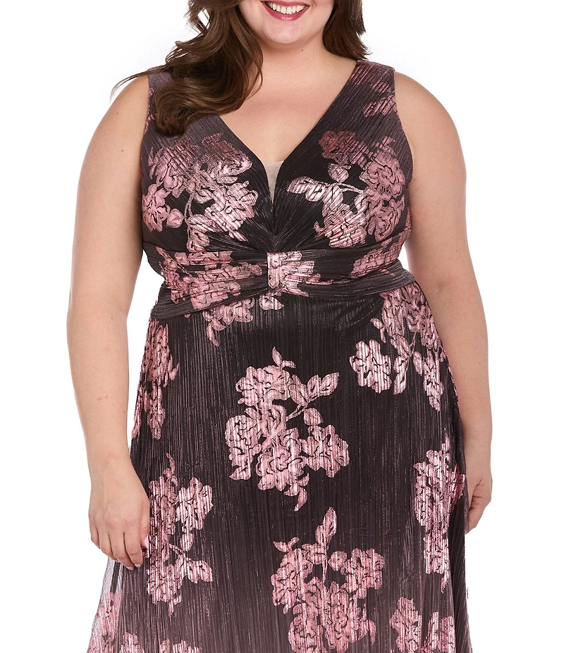 R & M Richards Plus Size Metallic Sheer Knit V-Neck Floral Print Sleeveless Ombre Crinkle Dress