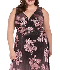 R & M Richards Plus Size Metallic Sheer Knit V-Neck Floral Print Sleeveless Ombre Crinkle Dress