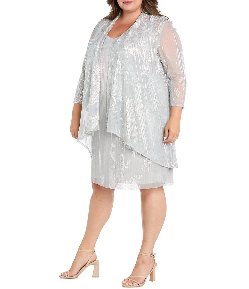 R & M Richards Plus Size Moonlight Foil Print Pleated Knit 3/4 Sleeve 2-Piece Jacket Dress