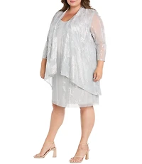 R & M Richards Plus Size Moonlight Foil Print Pleated Knit 3/4 Sleeve 2-Piece Jacket Dress