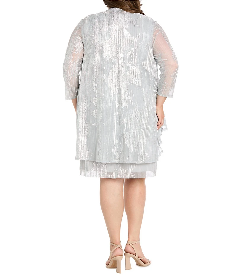 R & M Richards Plus Size Moonlight Foil Print Pleated Knit 3/4 Sleeve 2-Piece Jacket Dress