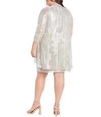 R & M Richards Plus Size Moonlight Foil Print Pleated Knit 3/4 Sleeve 2-Piece Jacket Dress