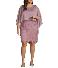 R & M Richards Plus Size Novelty Glitter Sheer Caplet Overlay Cocktail Dress