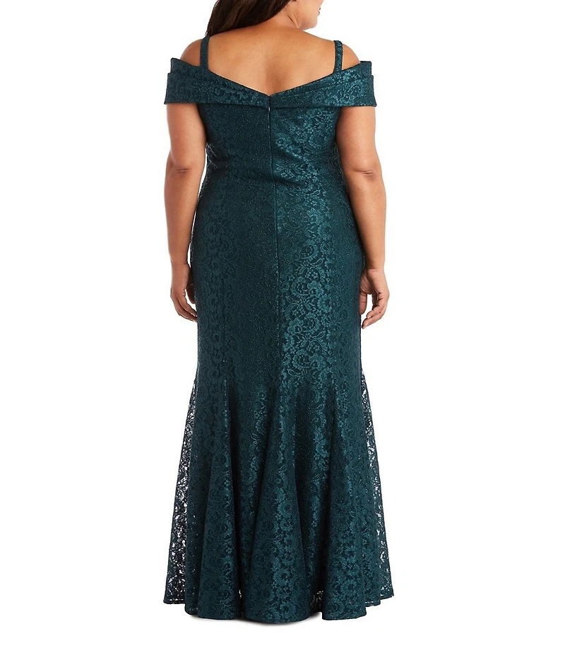 R & M Richards Plus Size Off-the-Shoulder Cap Sleeve Stretch Lace Mermaid Gown
