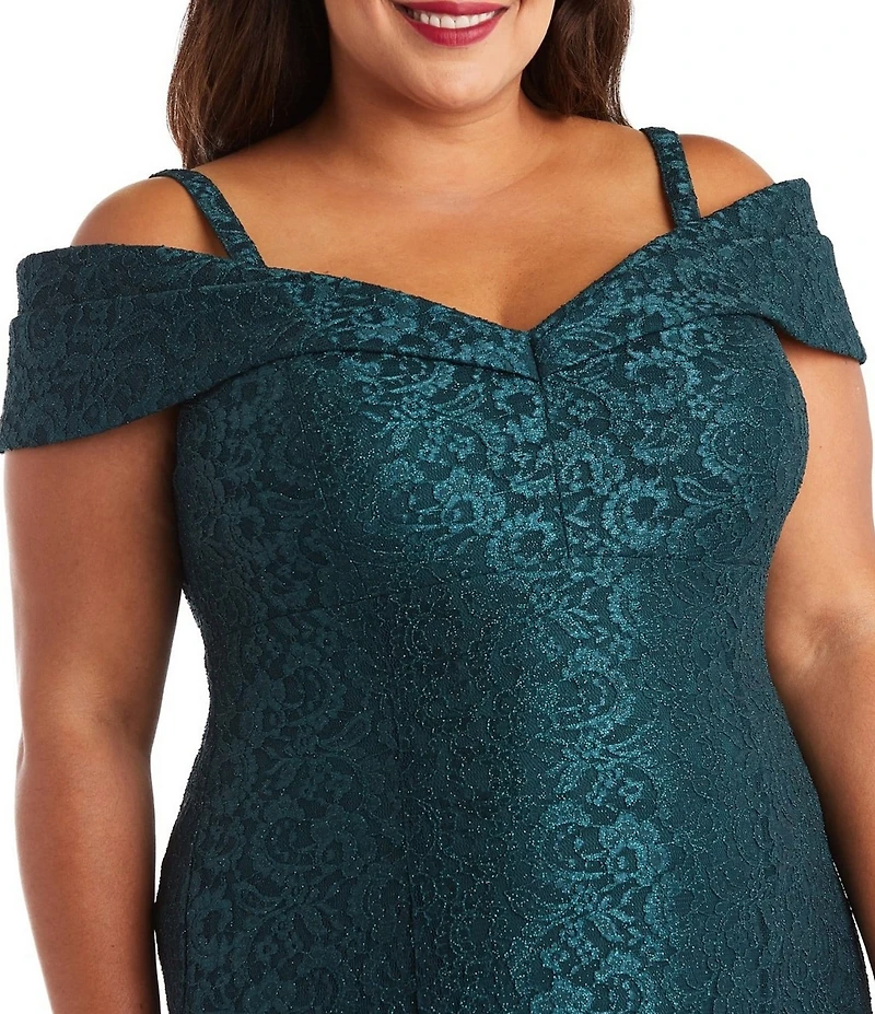 R & M Richards Plus Size Off-the-Shoulder Cap Sleeve Stretch Lace Mermaid Gown