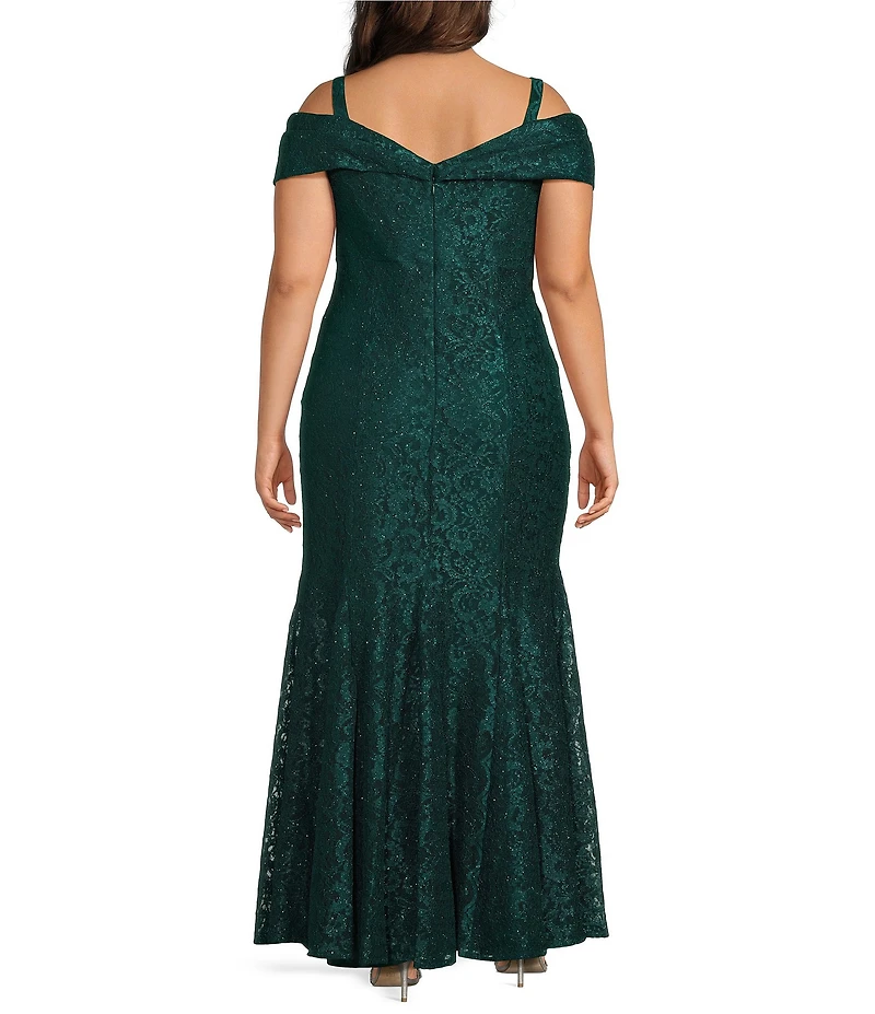 R & M Richards Plus Size Off-the-Shoulder Cap Sleeve Stretch Lace Mermaid Gown