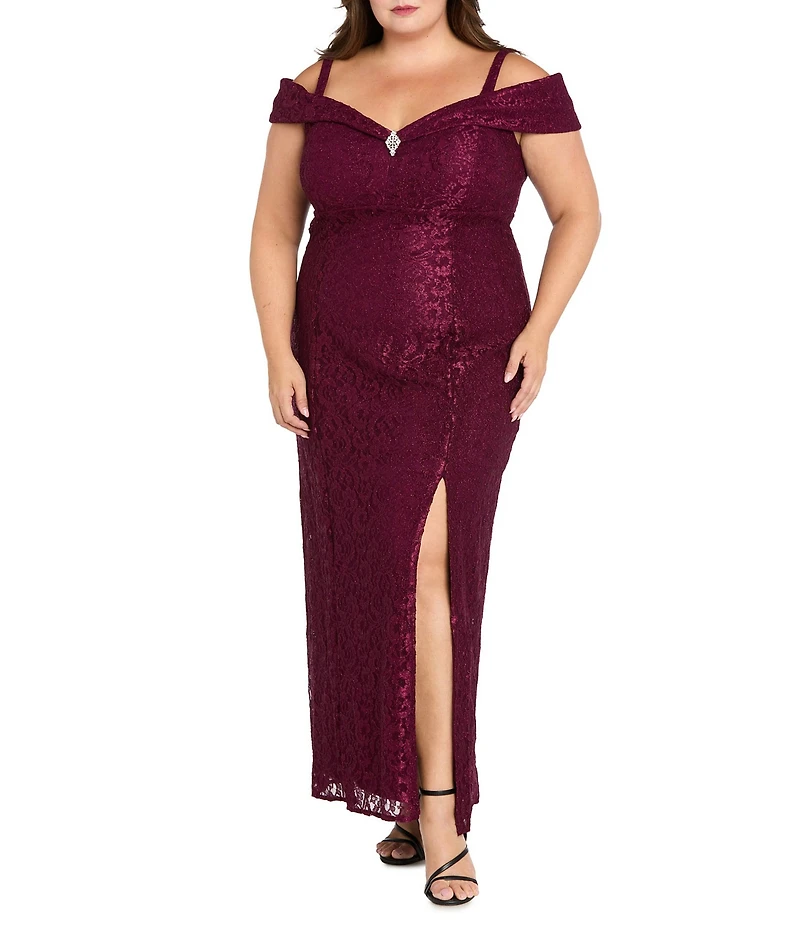 R & M Richards Plus Size Off The Shoulder Long Stretch Lace Dress