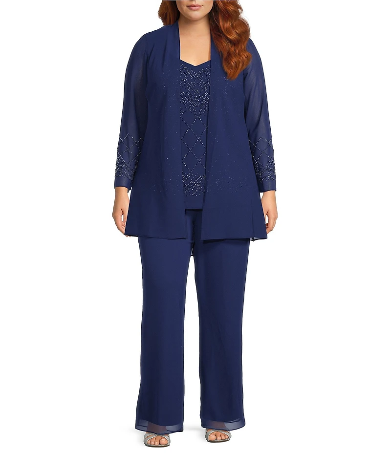 R & M Richards Plus Size Pebble Georgette Caviar Beaded 3-Piece Set