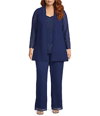 R & M Richards Plus Size Pebble Georgette Caviar Beaded 3-Piece Set