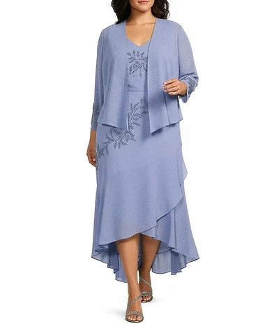 R & M Richards Plus Size Pebble Georgette V-Neck Tiered Ruffle High-Low Hem 3/4 Sleeve 2-Piece Jacket Dress