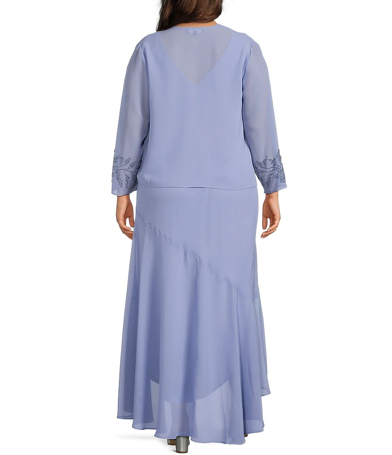 R & M Richards Plus Size Pebble Georgette V-Neck Tiered Ruffle High-Low Hem 3/4 Sleeve 2-Piece Jacket Dress