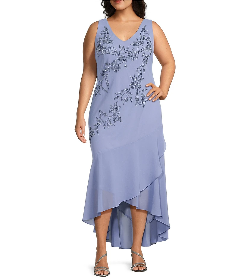 R & M Richards Plus Size Pebble Georgette V-Neck Tiered Ruffle High-Low Hem 3/4 Sleeve 2-Piece Jacket Dress