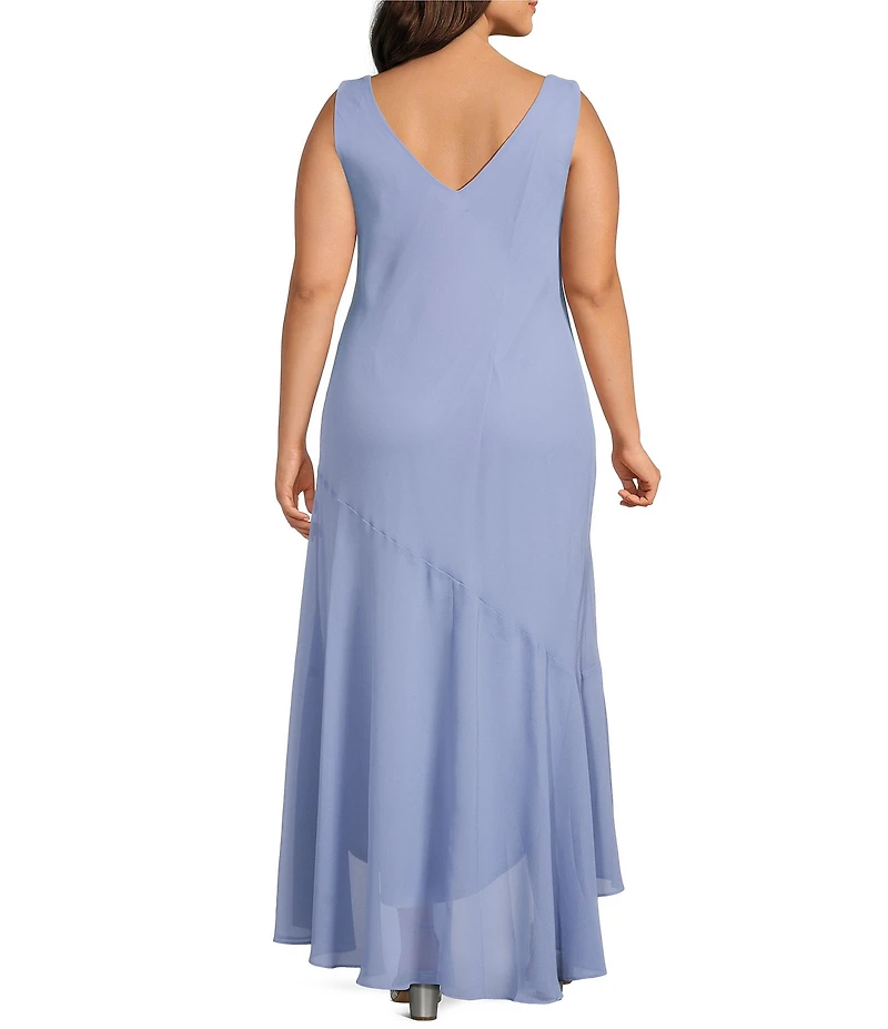 R & M Richards Plus Size Pebble Georgette V-Neck Tiered Ruffle High-Low Hem 3/4 Sleeve 2-Piece Jacket Dress