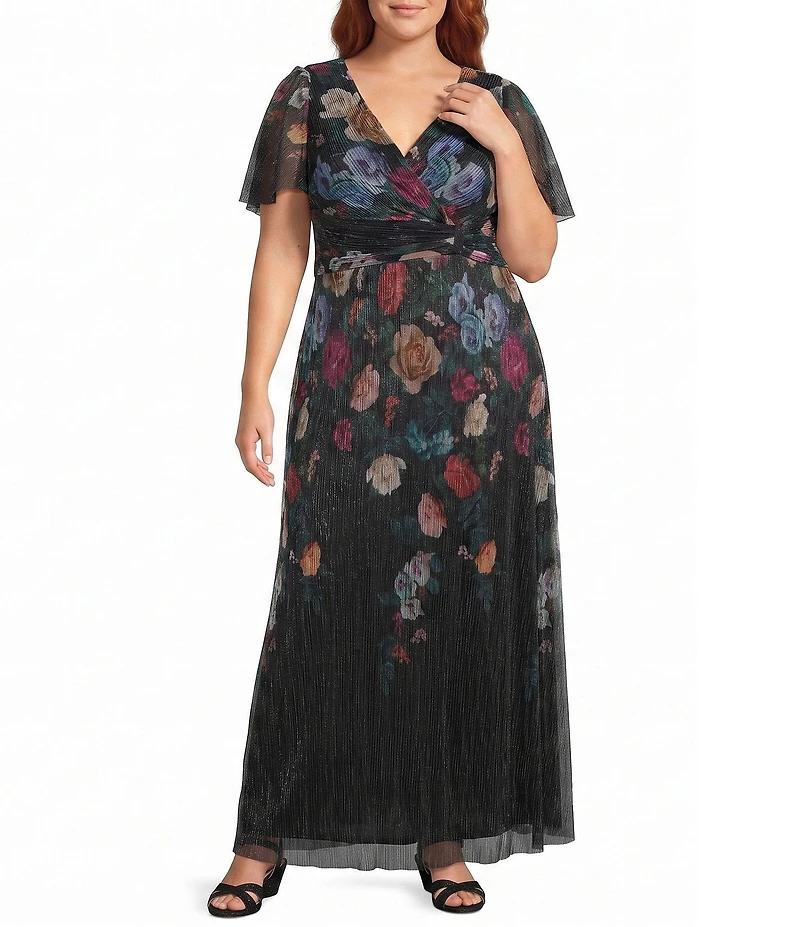 R & M Richards Plus Size Pleated Foil Print Short Flutter Sleeve Sheer Crinkle Front Wrap Dress