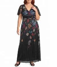 R & M Richards Plus Size Pleated Foil Print Short Flutter Sleeve Sheer Crinkle Front Wrap Dress