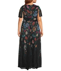 R & M Richards Plus Size Pleated Foil Print Short Flutter Sleeve Sheer Crinkle Front Wrap Dress