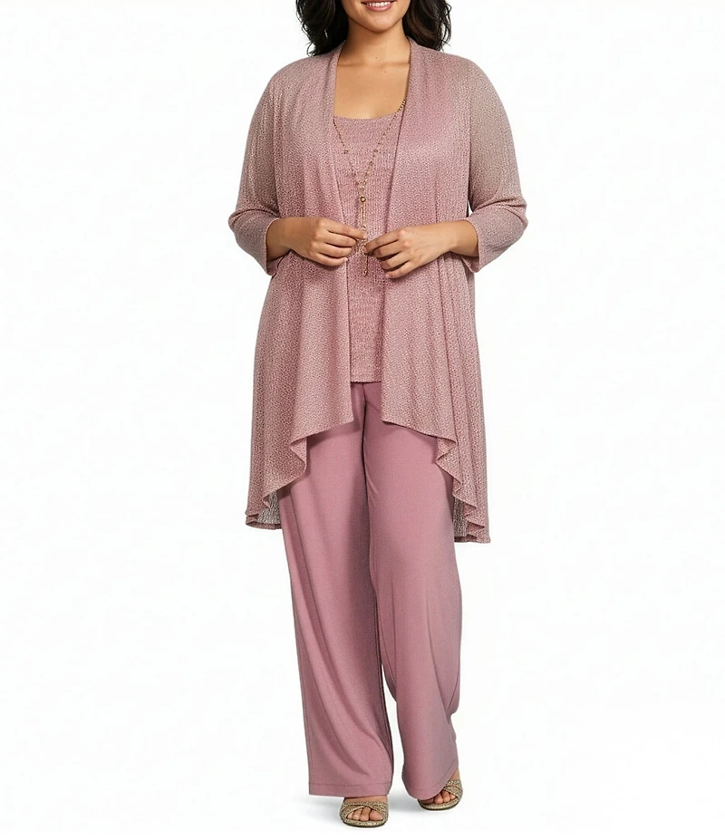 R & M Richards Plus Size Crinkle Metallic 3-Piece Pant Set