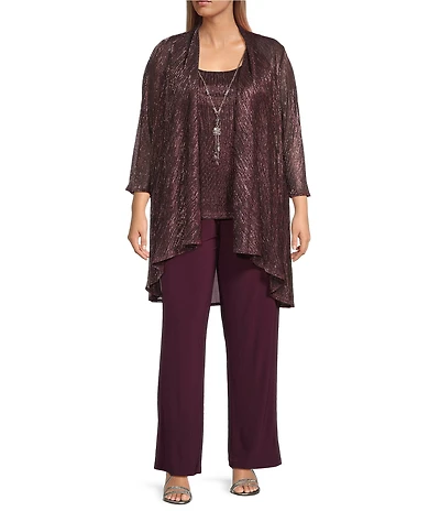 R & M Richards Plus Size Crinkle Metallic 3-Piece Pant Set