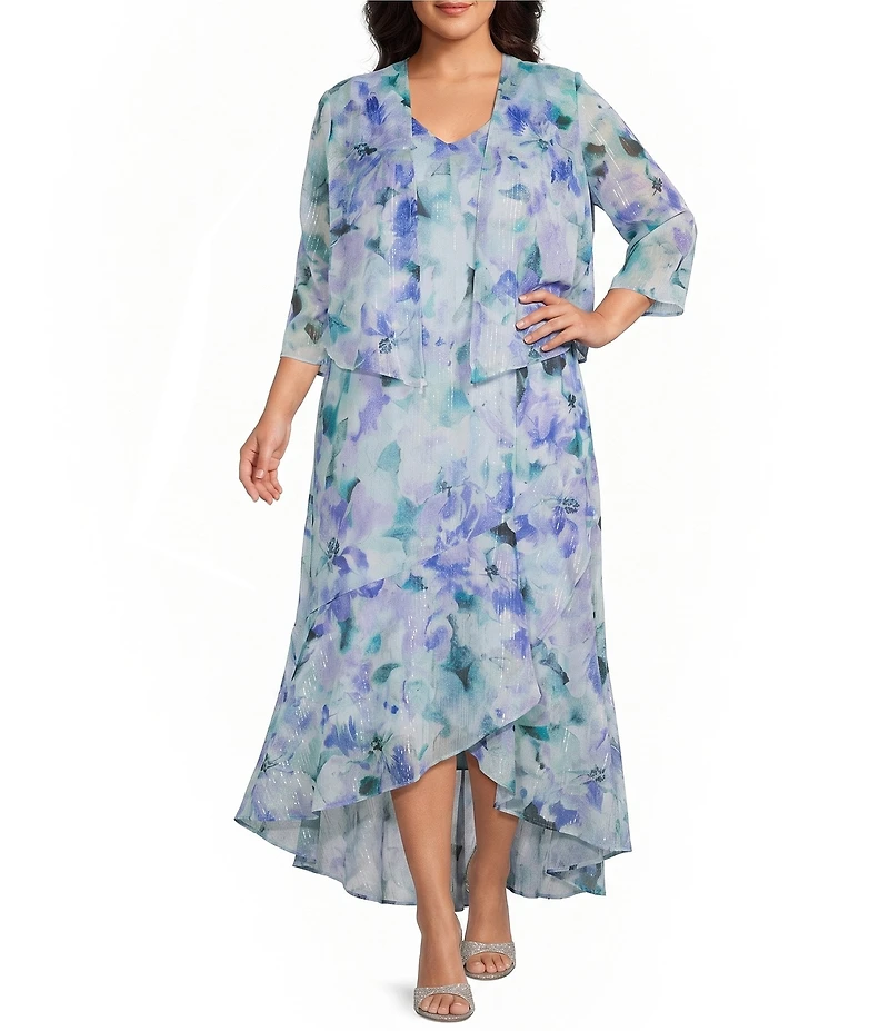R & M Richards Plus Size Printed Lurex Chiffon Bolero High Low Ruffle Hem Jacket Dress