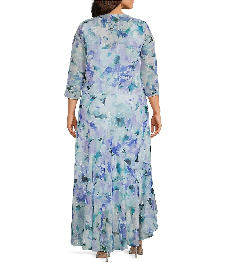 R & M Richards Plus Size Printed Lurex Chiffon Bolero High Low Ruffle Hem Jacket Dress